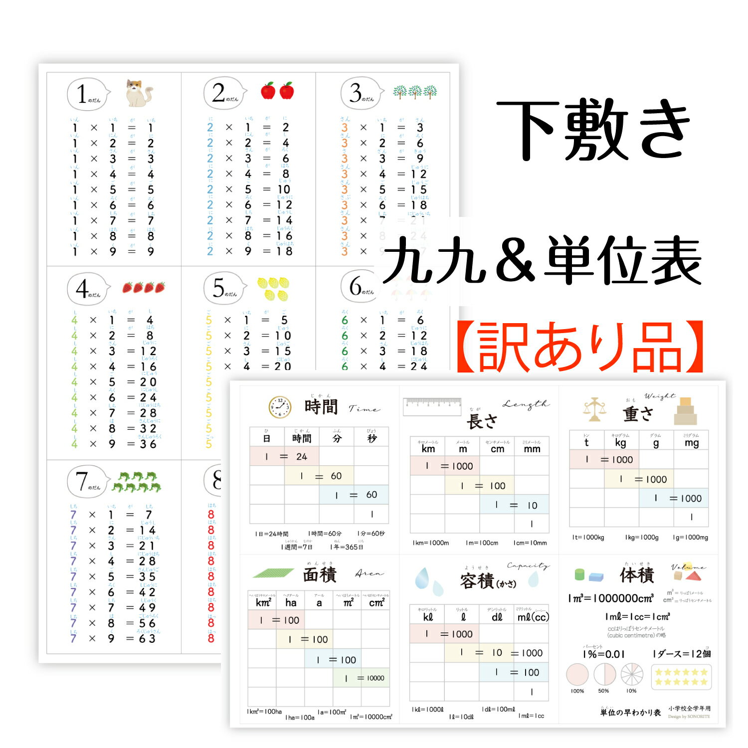 訳あり品！【下敷き】かけ算九九と単位表（小学校全学年用）A4サイズ 知育 小学 受験