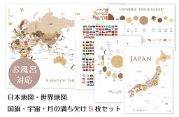 お風呂対応 4点セット! 寄木風の日本地図 A3＆世界地図 B3&国旗A3&月の満ち欠けA3 ポスターセット 知育　地理　ソノリテ SONORITE