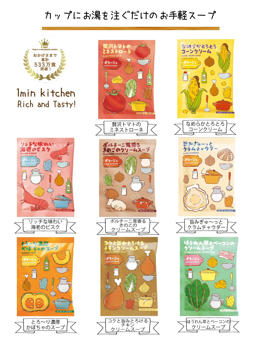 木のおもちゃと子ども家具スプソリのスープセット 乾燥スープ 6個入り 1min kitchen ささっと作れる簡単スープ ベストスープ お祝い お返し 内祝 手土産 帰省 おみやげ プチギフト｜アングル2