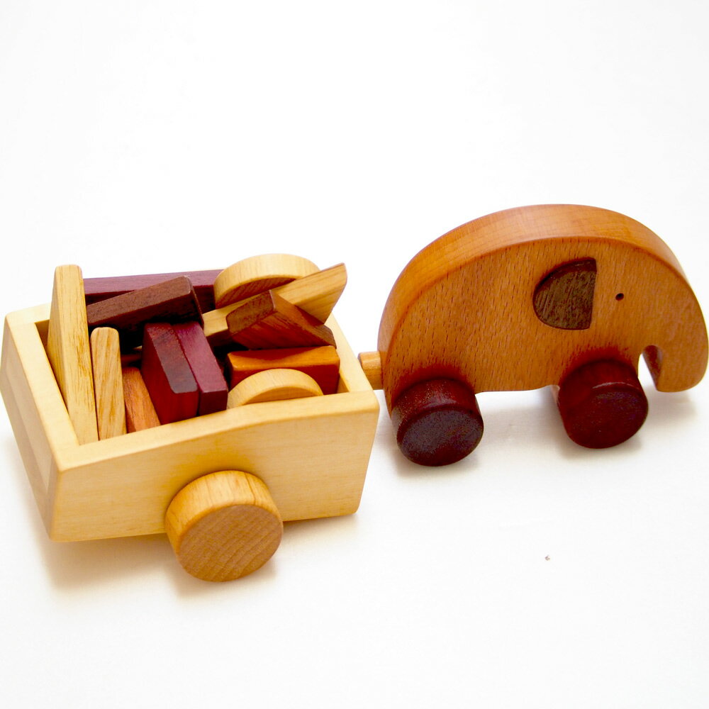 【在庫一掃SALE】 ぞうさんとカート 連結する 車おもちゃ 図形 積み木15個入り 木の車 図形ピ