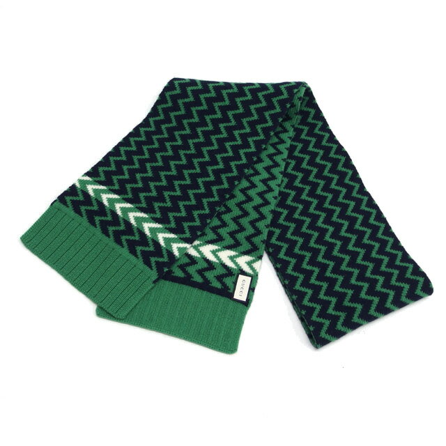 グッチ　シェブロン柄　ウール　リバーシブル　ニットマフラー　緑x黒【未使用品】【送料無料！】【代..