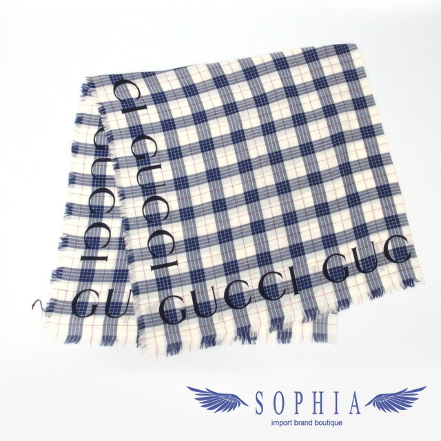グッチ　大判ストール　ロゴ　チェック　アイボリーxネイビー【未使用品】【送料無料！】【代引き手数料無料！】【中古】【20200920】【2】