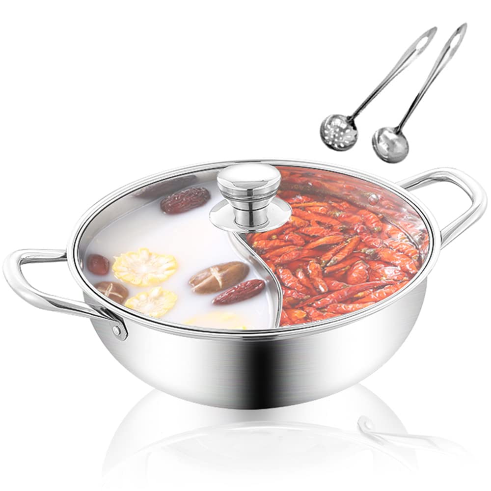 両手鍋 仕切り鍋 二食鍋 鴛鴦鍋 中華火鍋 仕切り付き ステンレス製 調理器具 IH対応 蓋付き スプーン付..