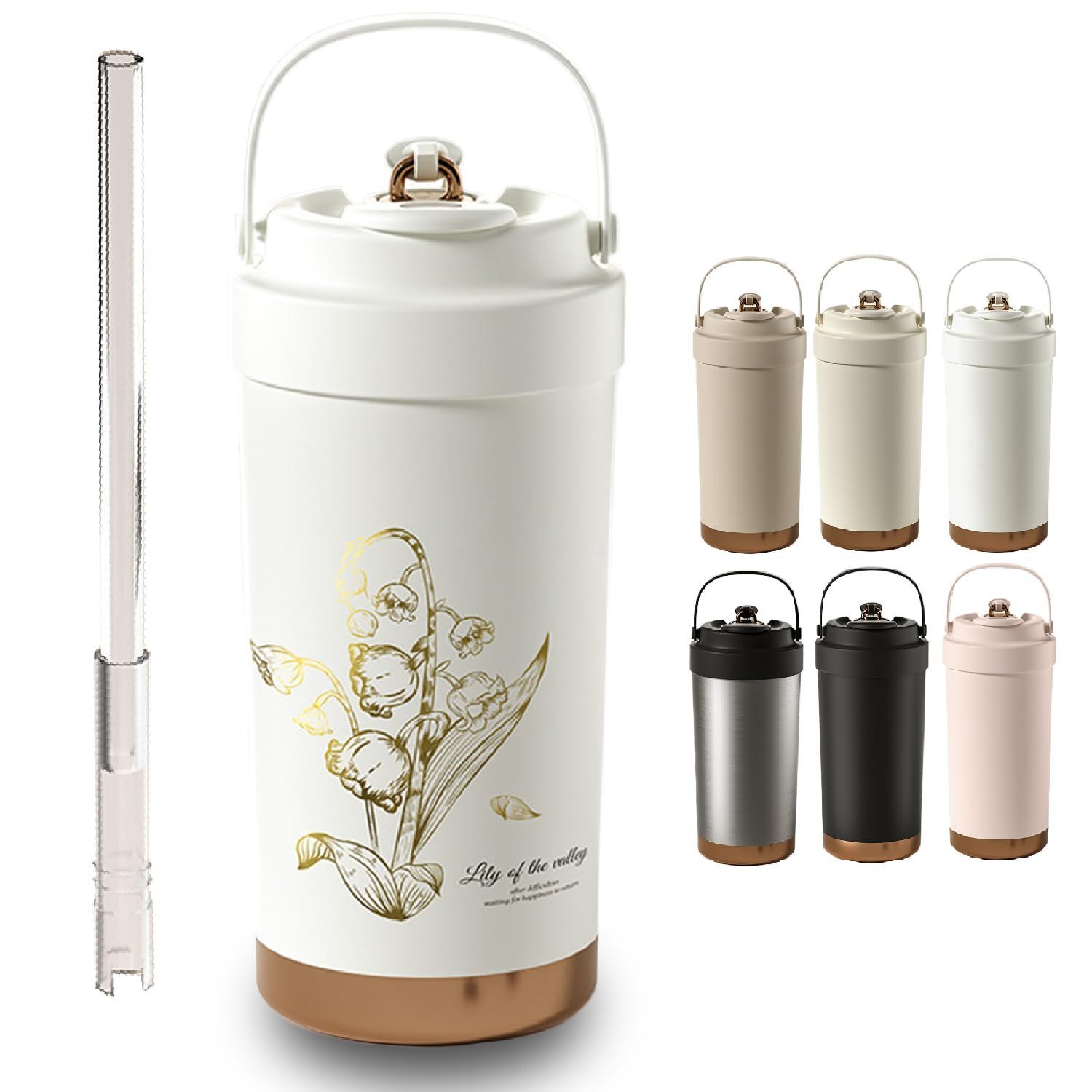 Rakuten - タンブラー ストロー付き セラミックコーティング 水筒 すずらん 鈴蘭柄 マグボトル こぼれない 500ml 3WAY 直飲み 蓋付き 真空断熱 大容量 持ち運び 車カップホルダー対応 保温保冷 オフィスコーヒー ホワイト ブラウン ベージュ シルバー ピンク プレゼント ギフト