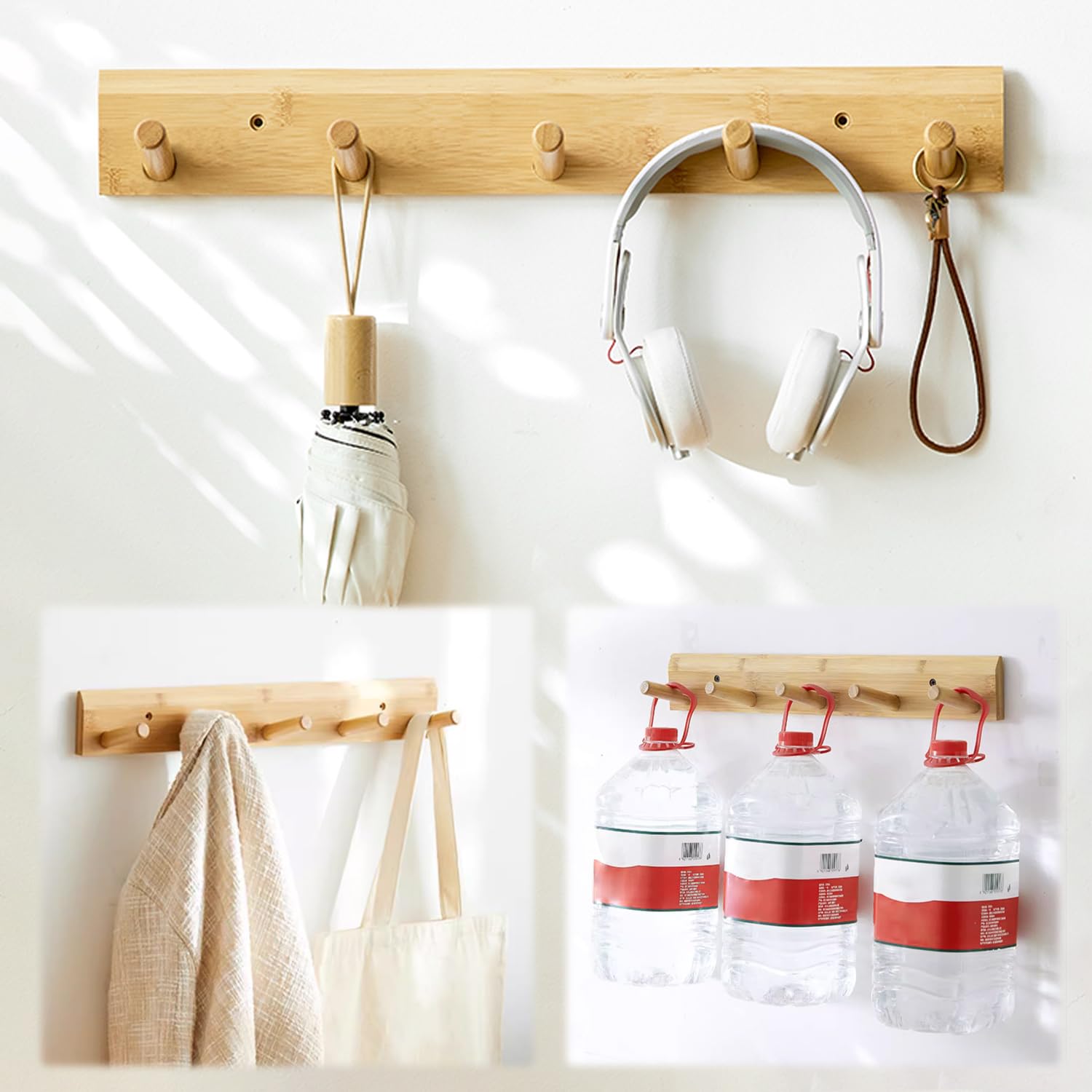 ウォールハンガー 5連 壁取り付け式コートラック 天然竹製 木製 壁掛けフック 収納フック 洋服掛け コート掛け 帽子掛け 高耐荷重 省スペース 装飾壁掛けフッ...