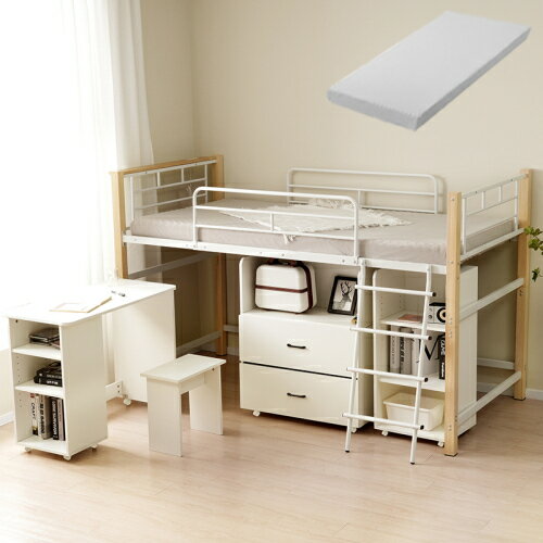 【即納】【マット付き】システムベッド 4点セット ロフトベッド+デスク＋収納ラック＋シェルフ ロフトベッド 宮 コンセント 省スペース スチール 耐震 ベッド パイプ 金属 社員寮 学生寮 大人