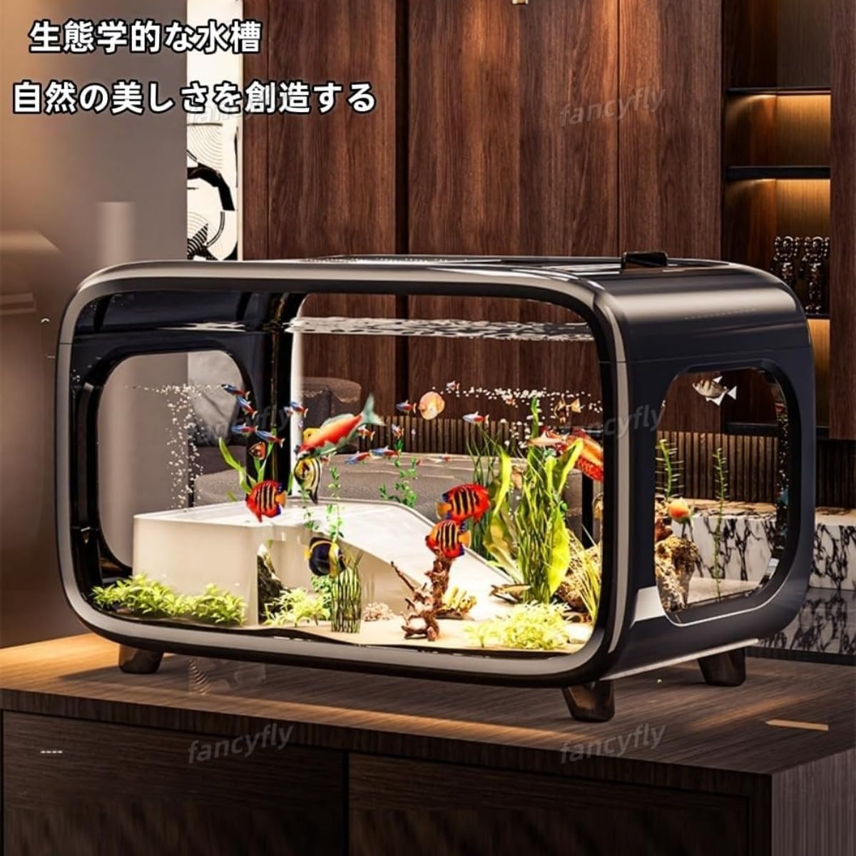 水槽セット 水換えが簡単給餌口 透明な水槽本体 小型魚類 観賞生態 携帯可能 通気孔 多面観賞 静音 ペ..