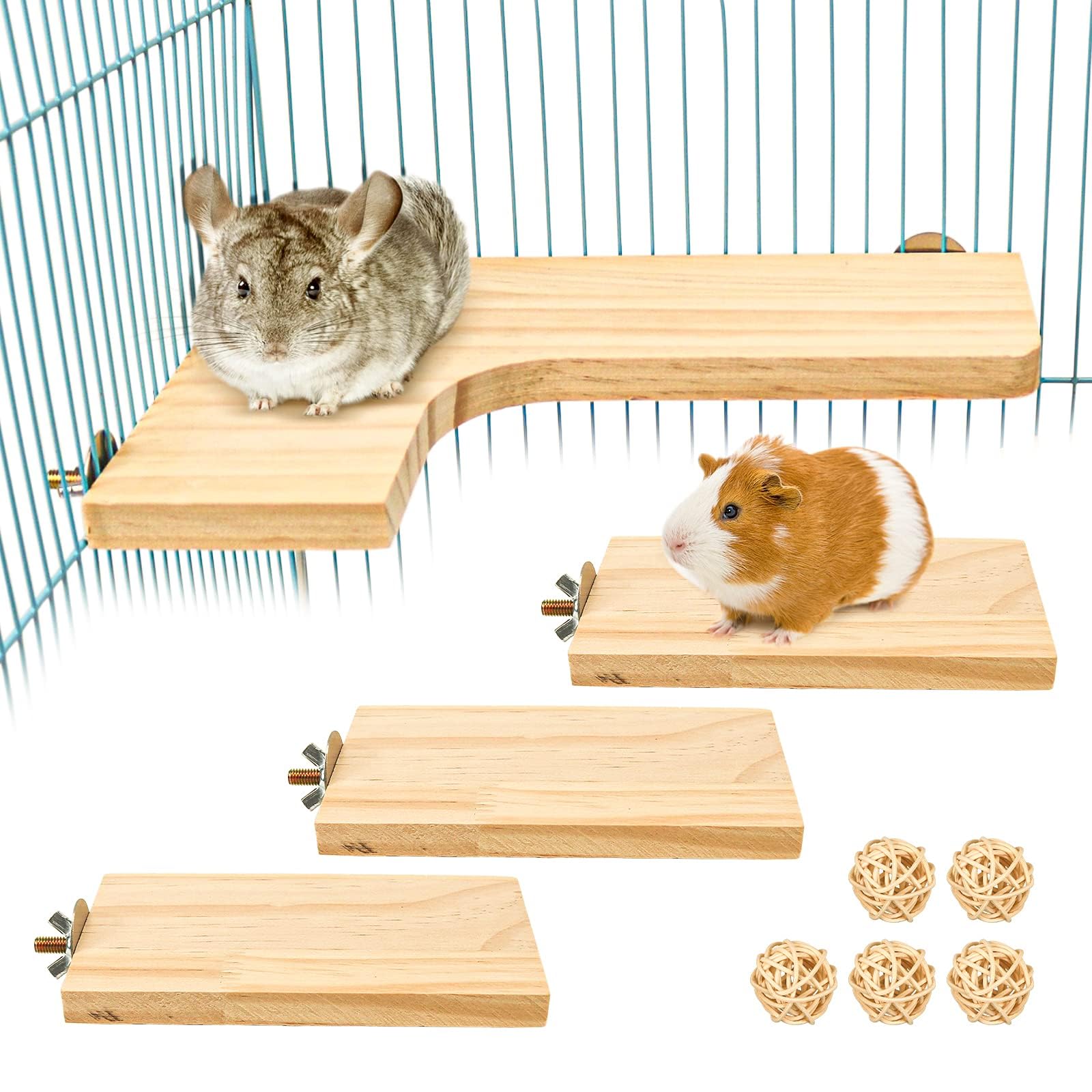 Rakuten - 3点セット ペット用品 小動物 L字型 木製コーナーステージ ハムスターのステップ 踏み台 シマリス モモンガ チンチラ チビトトロ 飼育ケージ内装 足場 遊び場 運動不足に対応 取り付け簡単 安全 耐久性 (H01)