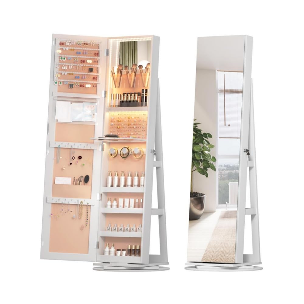 360°回転収納付き全身鏡、大容量回転式ジュエリーミラーキャビネット、メイクアップ棚付きスタンド式ジ..