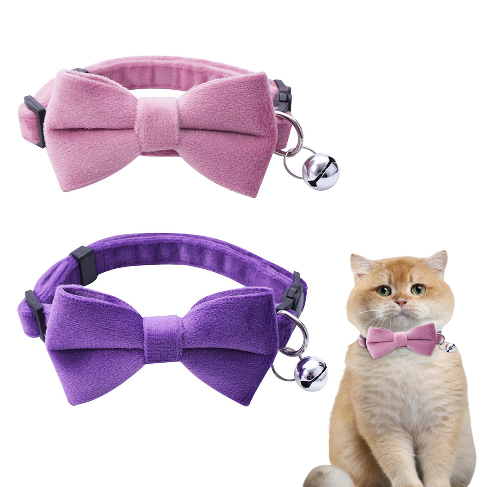 猫 首輪 小型 中型 猫用首輪 ベルベット生地 軽量 可愛い おしゃれ 安全性 調節可能 鈴付き 蝶結び付き リボン付き 子猫 犬用 ペット用品 自宅 写真撮影 飾り パープル+ピンク 2個セット