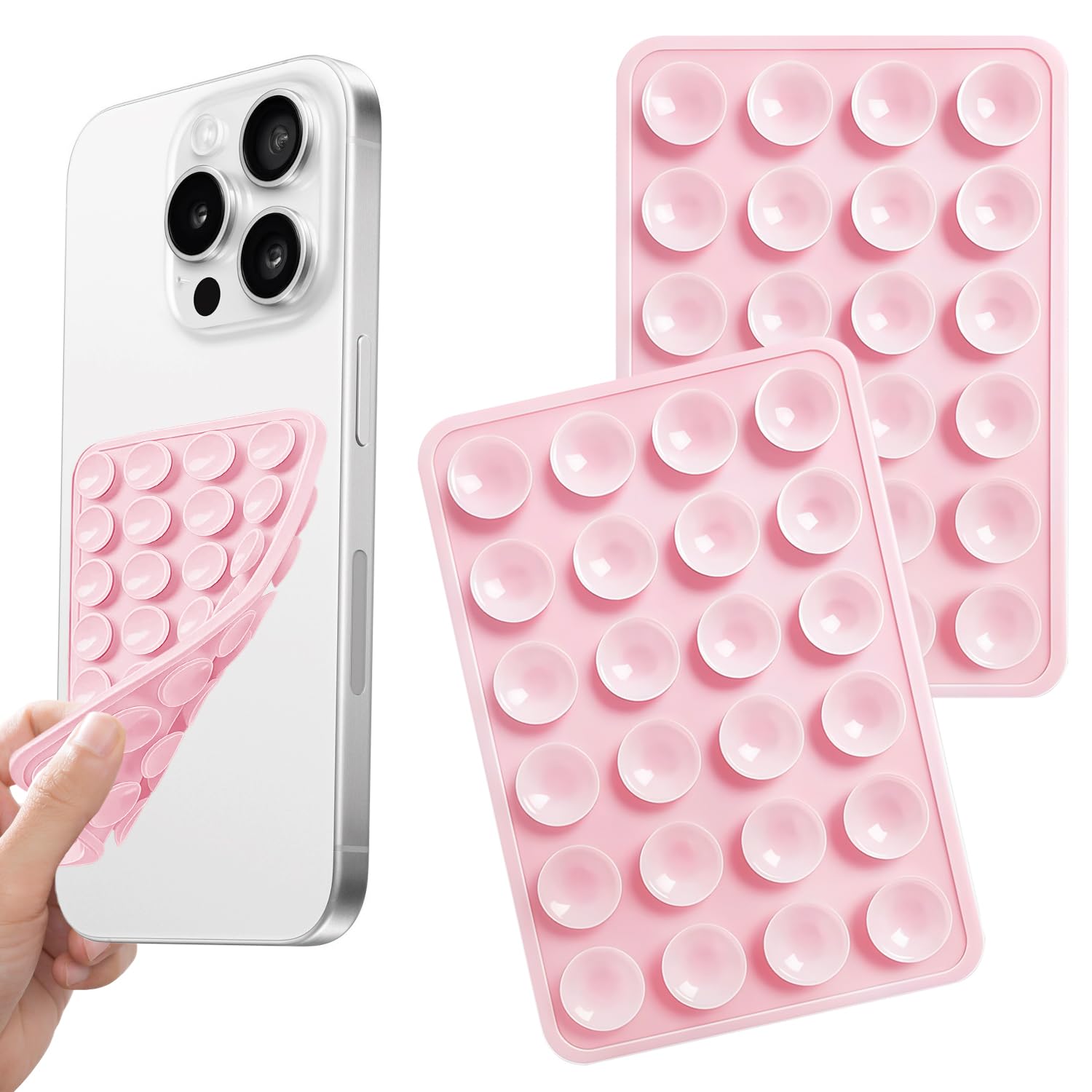 Rakuten - 2枚入り スマホ 吸盤 両面吸盤 スマホ 24 グレイン高密着 7.6×5.3cm 強力吸着 バスルーム/ドレッシングテーブル対応 滑り止め・両手解放でビデオ通話/自撮り/料理補助/動画視聴に便利 スマホスタンド IPhone Android 全機種用 (淡いピンク（2個入り）)