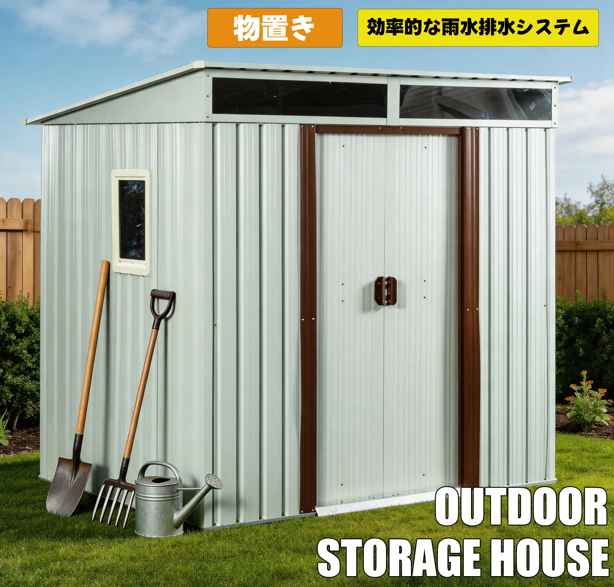 Rakuten - 【即納】物置 屋外 戸外収納庫 スチール 幅195*奥行き150*高180 引き戸両開きタイプ 換気口付き 防さび ベランダ 防水 ガーデニング 庭 プレゼント ギフト 贈り物 送料無料