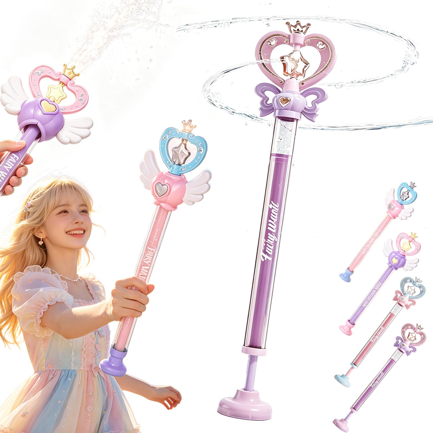· 【魔法ステッキデザインで気分はプリンセス】 かわいい魔法ステッキ型の水鉄砲は、プリンセス気分で楽しく遊べるデザイン。キラキラとした見た目で写真映えもしやすく、女の子への誕生日プレゼントや夏休みの遊びにもおすすめです。· 【2つの噴射モードで楽しさアップ】 直射モードと回転噴水モードの2種類を搭載。シーンに合わせて切り替えられ、プールや海、お風呂、公園などさまざまな場所で水遊びを楽しめます。· 【手動式で電池不要簡単操作】 電池を使用しない手動タイプなので、すぐに遊び始められます。ハンドルを操作するだけで簡単に噴射でき、小さなお子様でも扱いやすい設計です。· 【漏れにくく持ち運びにも便利】 しっかり閉まる構造で水漏れしにくく、持ち運びにも便利です。軽量なプラスチック素材を採用しており、お出かけや旅行先でも気軽に持参できます。· 【夏のレジャーやイベントで大活躍】 プール、海水浴、ビーチ、公園、お風呂遊びはもちろん、夏祭りやイベント、景品、親子遊びなど幅広いシーンで活躍する水遊びおもちゃです。商品の説明かわいい魔法ステッキデザインのウォーターガンです。女の子が憧れるプリンセス風デザインと、直射回転噴水の2種類の噴射モードで、夏の水遊びをさらに楽しく演出します。電池不要の手動式なので簡単に操作でき、小さなお子様でも扱いやすい仕様です。漏れにくい構造と軽量設計で持ち運びも便利。プール海ビーチお風呂公園キャンプなど幅広いシーンで活躍し、誕生日プレゼントや夏祭りの景品、親子遊びにもおすすめの水遊びおもちゃです。· 【魔法ステッキデザインで気分はプリンセス】 かわいい魔法ステッキ型の水鉄砲は、プリンセス気分で楽しく遊べるデザイン。キラキラとした見た目で写真映えもしやすく、女の子への誕生日プレゼントや夏休みの遊びにもおすすめです。· 【2つの噴射モードで楽しさアップ】 直射モードと回転噴水モードの2種類を搭載。シーンに合わせて切り替えられ、プールや海、お風呂、公園などさまざまな場所で水遊びを楽しめます。· 【手動式で電池不要簡単操作】 電池を使用しない手動タイプなので、すぐに遊び始められます。ハンドルを操作するだけで簡単に噴射でき、小さなお子様でも扱いやすい設計です。· 【漏れにくく持ち運びにも便利】 しっかり閉まる構造で水漏れしにくく、持ち運びにも便利です。軽量なプラスチック素材を採用しており、お出かけや旅行先でも気軽に持参できます。· 【夏のレジャーやイベントで大活躍】 プール、海水浴、ビーチ、公園、お風呂遊びはもちろん、夏祭りやイベント、景品、親子遊びなど幅広いシーンで活躍する水遊びおもちゃです。商品の説明かわいい魔法ステッキデザインのウォーターガンです。女の子が憧れるプリンセス風デザインと、直射回転噴水の2種類の噴射モードで、夏の水遊びをさらに楽しく演出します。電池不要の手動式なので簡単に操作でき、小さなお子様でも扱いやすい仕様です。漏れにくい構造と軽量設計で持ち運びも便利。プール海ビーチお風呂公園キャンプなど幅広いシーンで活躍し、誕生日プレゼントや夏祭りの景品、親子遊びにもおすすめの水遊びおもちゃです。