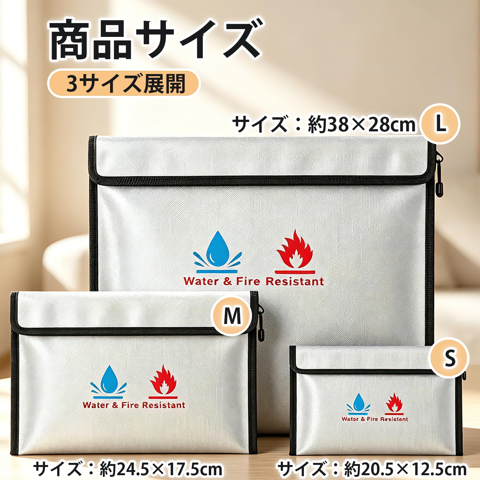 · 【サイズ】S（20.5 x 12.5cm） &nbsp;M（24.5 x 17.5cm） &nbsp;L（38 x2 8cm）の3サイズ展開で、用途や収納するアイテムに応じた選択が可能です。· 【耐火性】高温に耐える特殊なガラス繊維が使用されており、火災時には高温の炎や熱気から中の物品を保護します。モバイルバッテリーやリチウム電池の発火対策にも最適！· 【防水性】防水性も備えているため、火災以外の水濡れからも守ることができます。海外旅行や出張が多く、パスポートや現金を安全にしっかり守る。· 【軽量】当店の耐火防水災害対策ケースは軽くて丈夫なため、避難時もサッと持ち出し可能！金庫のように重くなく、非常の軽量のため棚や引き出しに常備しておくのにも便利です。· 【注意】防水機能はあくまで生活防水を想定しております。水没等にはお気をつけください。本製品はモバイルバッテリー等の電子機器から発生する火災の延焼を抑制することを目的とした収納ポーチです。完全に火災や事故を防止するものではありません。【サイズ】S（20.5 x 12.5cm） &nbsp;M（24.5 x 17.5cm） &nbsp;L（38 x2 8cm）の3サイズ展開で、用途や収納するアイテムに応じた選択が可能です。· 【サイズ】S（20.5 x 12.5cm） &nbsp;M（24.5 x 17.5cm） &nbsp;L（38 x2 8cm）の3サイズ展開で、用途や収納するアイテムに応じた選択が可能です。· 【耐火性】高温に耐える特殊なガラス繊維が使用されており、火災時には高温の炎や熱気から中の物品を保護します。モバイルバッテリーやリチウム電池の発火対策にも最適！· 【防水性】防水性も備えているため、火災以外の水濡れからも守ることができます。海外旅行や出張が多く、パスポートや現金を安全にしっかり守る。· 【軽量】当店の耐火防水災害対策ケースは軽くて丈夫なため、避難時もサッと持ち出し可能！金庫のように重くなく、非常の軽量のため棚や引き出しに常備しておくのにも便利です。· 【注意】防水機能はあくまで生活防水を想定しております。水没等にはお気をつけください。本製品はモバイルバッテリー等の電子機器から発生する火災の延焼を抑制することを目的とした収納ポーチです。完全に火災や事故を防止するものではありません。【サイズ】S（20.5 x 12.5cm） &nbsp;M（24.5 x 17.5cm） &nbsp;L（38 x2 8cm）の3サイズ展開で、用途や収納するアイテムに応じた選択が可能です。