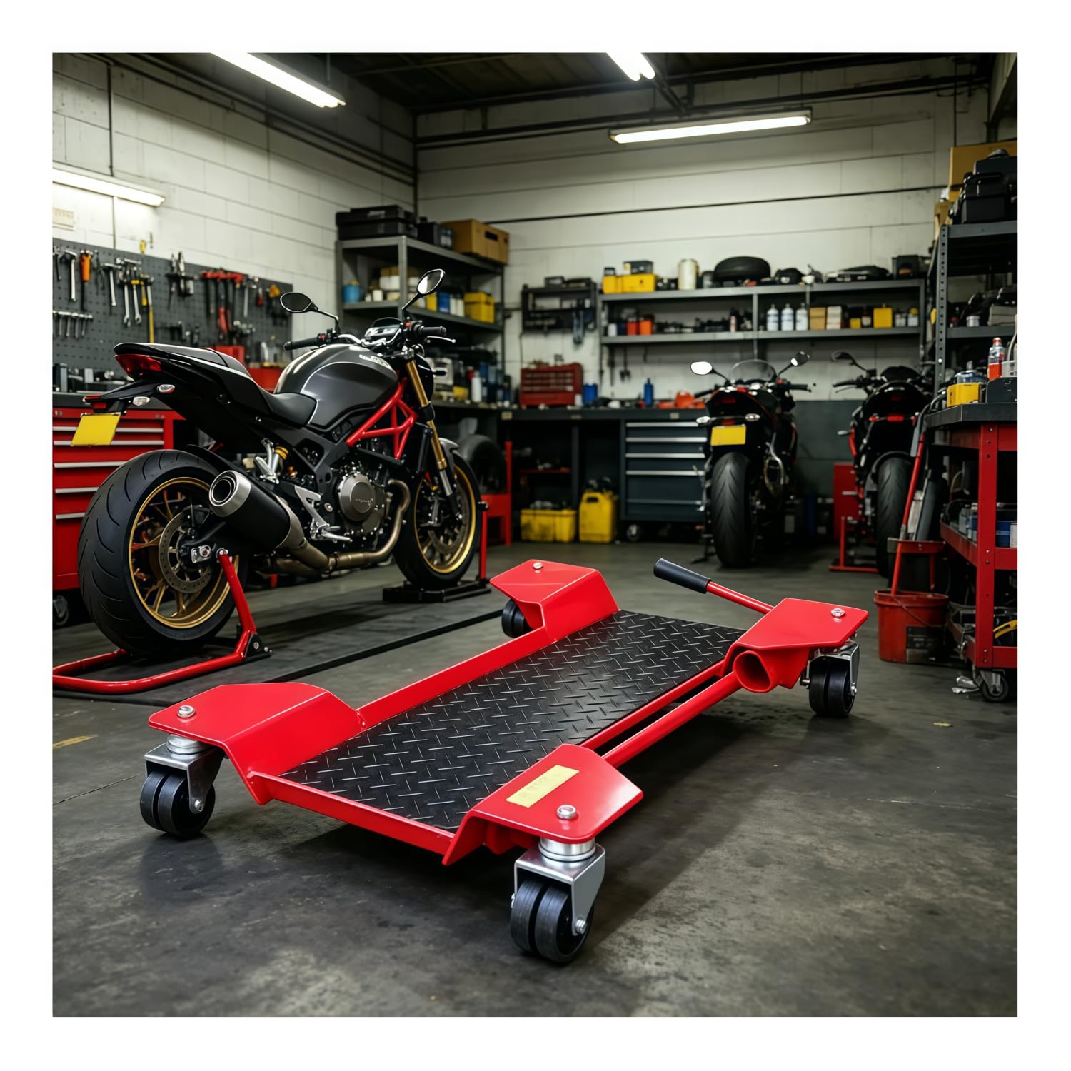 バイクドーリー センタースタンド型 360°回転キャスター付 耐荷重350kg 鋼板製 車庫 ガレージ バイク移動 工具バイク用品