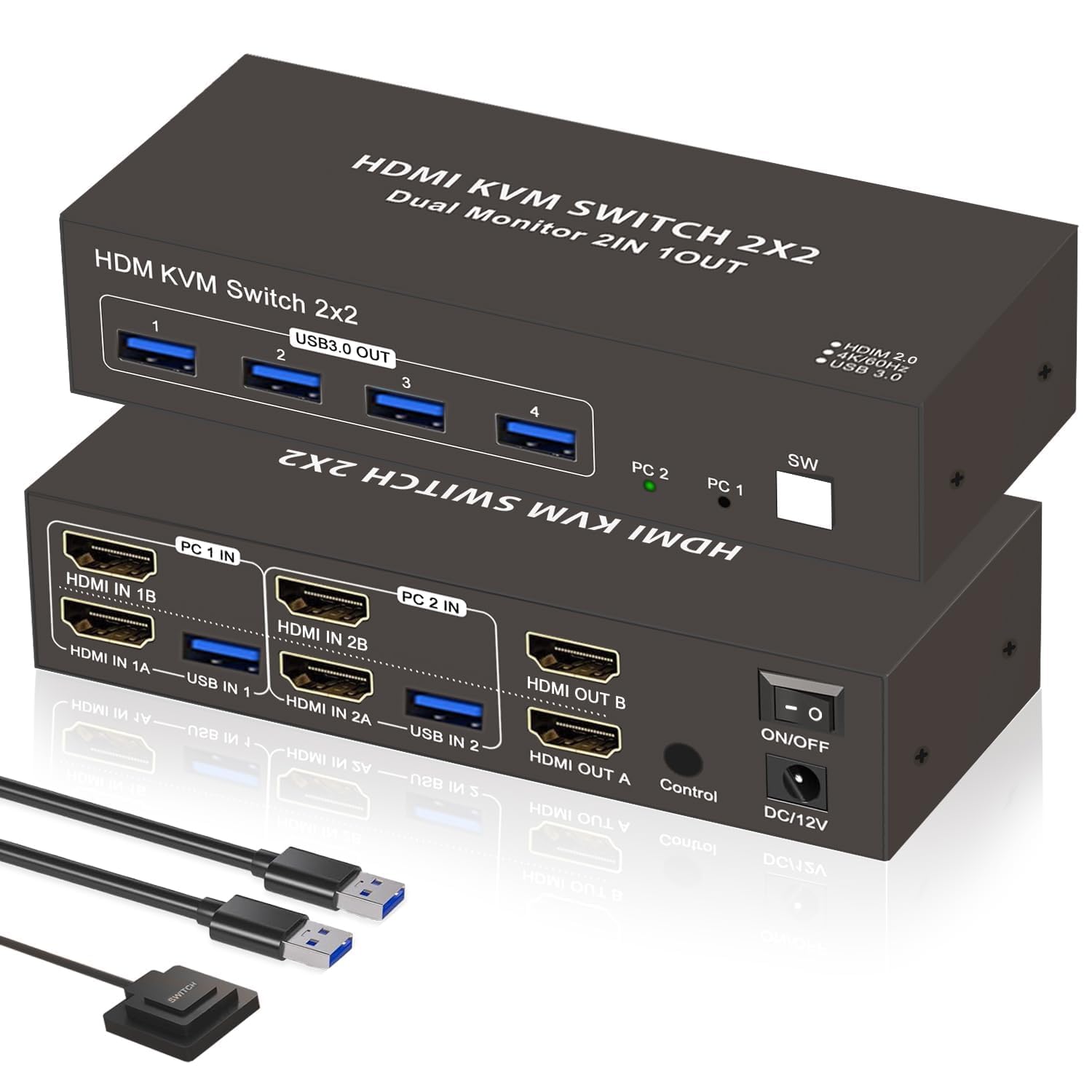 デュアルモニター HDMI KVM 切替器 2PC 切替 2画面 同時出力 USB 3.0 4出力 KVM スイッチャー キーボード マウス 共有 デュアル ディス