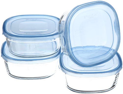 iwaki(イワキ) 耐熱ガラス 保存容器 アクアブルー 角型 S 450ml ×4個セット ごはん ...