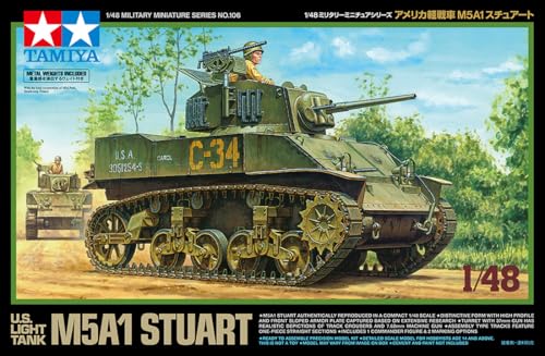 成型色/Medium/32606・パッケージ個数:1・組み立て塗装が必要なプラモデル。別途、接着剤や工具、塗料等が必要。・1/48スケール未塗装プラスチック組み立てキット・完成時サイズ:全長約94mm・第二次大戦中、偵察任務などに働いた軽戦車M5A1、実車取材に基づき高い車高と前面の傾斜装甲が特徴的な姿をリアルに再現・車長の半身像1体、1944年のフランス戦線のマーキング2種類をセット商品紹介 タミヤ 1/48 ミリタリーミニチュアシリーズ No.106 アメリカ軽戦車 M5A1 スチュアート プラモデル 32606 第二次大戦中、偵察任務などに働いた軽戦車M5A1、実車取材に基づき高い車高と前面の傾斜装甲が特徴的な姿をリアルに再現。 砲塔も側面の履帯用グローサーや7.62mm機銃まで立体感豊かな仕上がり。 履帯は直線部を一体とした連結組立式を採用。 車長の半身像1体、1944年のフランス戦線のマーキング2種類をセット。 ※この商品は、組み立て、塗装が必要なプラモデルです。 ※組み立て、塗装には別途、接着剤や工具、塗料等が必要です。 ※「プラモデル」は日本プラモデル工業協同組合所有の登録商標です。 ※この商品には、接着剤や塗料、工具や電池等は含まれません。 使用方法 組み立て説明書付き(日本語ではない場合があります)。 安全警告 該当なし