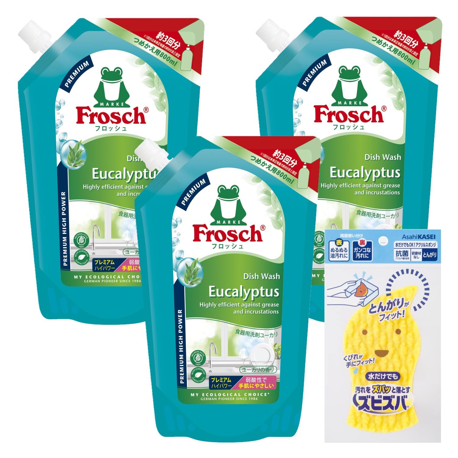 フロッシュ食器用洗剤ユーカリつめかえ用800mlプレミアム3本セット+ズビズバスポンジ付き 送料無料