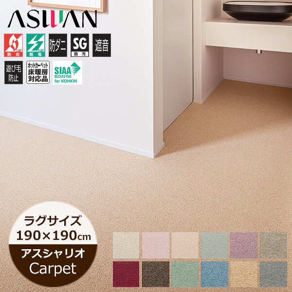 Rakuten - ラグマット 190cm×190cm アスシャリオII 撥水カーペット 防ダニ 抗菌 ループパイル 子供部屋 ファミリー リビング 防炎 アスワン オーダーカーペット はっ水 はつ油加工 日本製