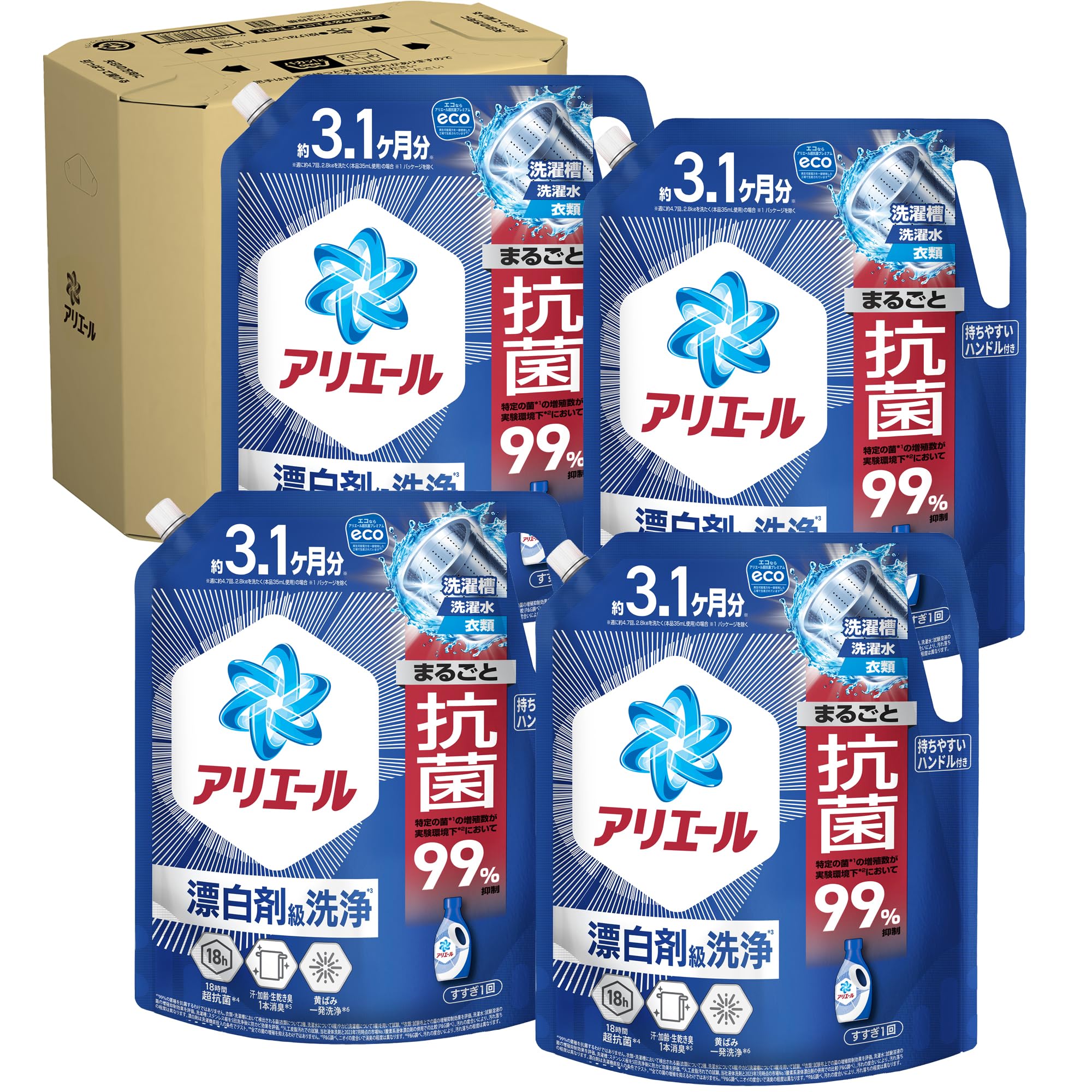 まるごと抗菌　衣類・洗濯水・洗濯槽 ＊全ての菌の増殖を抑えるわけではありません。 万能洗剤　1本で(1)洗濯槽防カビ、(2)つけ置きなしでも蓄積臭はがす、(3)せっけんなしでもシミ一発スッキリ　＊P&amp;G調べ。ニオイの度合いで消臭の程度は異なります。汚れの度合いにより、汚れ落ちの程度は異なります。カビは除去できません。 シャツの汗臭、タオルの生乾き臭、加齢臭 - いろんなニオイを1本消臭 *P&amp;G調べ。ニオイの度合いにより、落ち方の程度は異なります。 10%濃縮！同じ洗濯洗剤量で今までより＋5枚洗える！＊2023年アリエール超抗菌プレミアムシリーズ比。同じ洗濯水量設定の場合。 すすぎ1回OK！タテ・ドラム式対応。自動投入洗濯機にも。 商品情報 詳細情報 梱包サイズ &lrm;35.4 x 31.3 x 21.6 cm; 9.42 kg 香りの系統 &lrm;清潔でさわやかな香り 登録情報 梱包サイズ &rlm; : &lrm; 35.4 x 31.3 x 21.6 cm; 9.42 kg メーカー &rlm; : &lrm; P&amp;G ASIN &rlm; : &lrm; B0DV5FS3FD 原産国 &rlm; : &lrm; 日本 カスタマーレビュー: 4.4 5つ星のうち4.4 (572) 商品紹介 NEW 魔法のような万能洗剤 1本トリプル効果！ ストレスなし 洗たく槽防カビ*1 つけおきなし 蓄積臭はがす*2 石けんなし*3 シミ一発でスッキリ！*4 漂白剤なしで黄ばみを一発洗浄*4 汗臭　加齢臭　生乾き臭　1本消臭*2 18時間超抗菌！*5 10％濃縮!*6 少ない量で同じだけ洗える *1 カビは除去しません *2 P&G調べ。ニオイの度合いで消臭の程度は異なります。 *3 石けんの代わりに、本品で前洗いした際に同等のシミを落とす効果が得られます *4 P&G調べ。汚れの度合いにより、汚れ落ちの程度は異なります。 *5 全ての菌の増殖を抑えるわけではありません。 *6 2023年のアリエール超抗菌プレミアムシリーズ比。 アリエール 洗濯洗剤 液体 超抗菌プレミアム 漂白剤級洗浄 清潔でさわやかな香り 原材料・成分 界面活性剤(26％：直鎖アルキルベンゼンスルホン酸塩、ポリオキシエチレンアルキルエーテル)、安定化剤、分散剤、pH調整剤、蛍光増白剤、酵素まるごと抗菌　衣類・洗濯水・洗濯槽 ＊全ての菌の増殖を抑えるわけではありません。 万能洗剤　1本で(1)洗濯槽防カビ、(2)つけ置きなしでも蓄積臭はがす、(3)せっけんなしでもシミ一発スッキリ　＊P&amp;G調べ。ニオイの度合いで消臭の程度は異なります。汚れの度合いにより、汚れ落ちの程度は異なります。カビは除去できません。 シャツの汗臭、タオルの生乾き臭、加齢臭 - いろんなニオイを1本消臭 *P&amp;G調べ。ニオイの度合いにより、落ち方の程度は異なります。 10%濃縮！同じ洗濯洗剤量で今までより＋5枚洗える！＊2023年アリエール超抗菌プレミアムシリーズ比。同じ洗濯水量設定の場合。 すすぎ1回OK！タテ・ドラム式対応。自動投入洗濯機にも。 商品情報 詳細情報 梱包サイズ &lrm;35.4 x 31.3 x 21.6 cm; 9.42 kg 香りの系統 &lrm;清潔でさわやかな香り 登録情報 梱包サイズ &rlm; : &lrm; 35.4 x 31.3 x 21.6 cm; 9.42 kg メーカー &rlm; : &lrm; P&amp;G ASIN &rlm; : &lrm; B0DV5FS3FD 原産国 &rlm; : &lrm; 日本 カスタマーレビュー: 4.4 5つ星のうち4.4 (572) 商品紹介 NEW 魔法のような万能洗剤 1本トリプル効果！ ストレスなし 洗たく槽防カビ*1 つけおきなし 蓄積臭はがす*2 石けんなし*3 シミ一発でスッキリ！*4 漂白剤なしで黄ばみを一発洗浄*4 汗臭　加齢臭　生乾き臭　1本消臭*2 18時間超抗菌！*5 10％濃縮!*6 少ない量で同じだけ洗える *1 カビは除去しません *2 P&G調べ。ニオイの度合いで消臭の程度は異なります。 *3 石けんの代わりに、本品で前洗いした際に同等のシミを落とす効果が得られます *4 P&G調べ。汚れの度合いにより、汚れ落ちの程度は異なります。 *5 全ての菌の増殖を抑えるわけではありません。 *6 2023年のアリエール超抗菌プレミアムシリーズ比。 アリエール 洗濯洗剤 液体 超抗菌プレミアム 漂白剤級洗浄 清潔でさわやかな香り 原材料・成分 界面活性剤(26％：直鎖アルキルベンゼンスルホン酸塩、ポリオキシエチレンアルキルエーテル)、安定化剤、分散剤、pH調整剤、蛍光増白剤、酵素