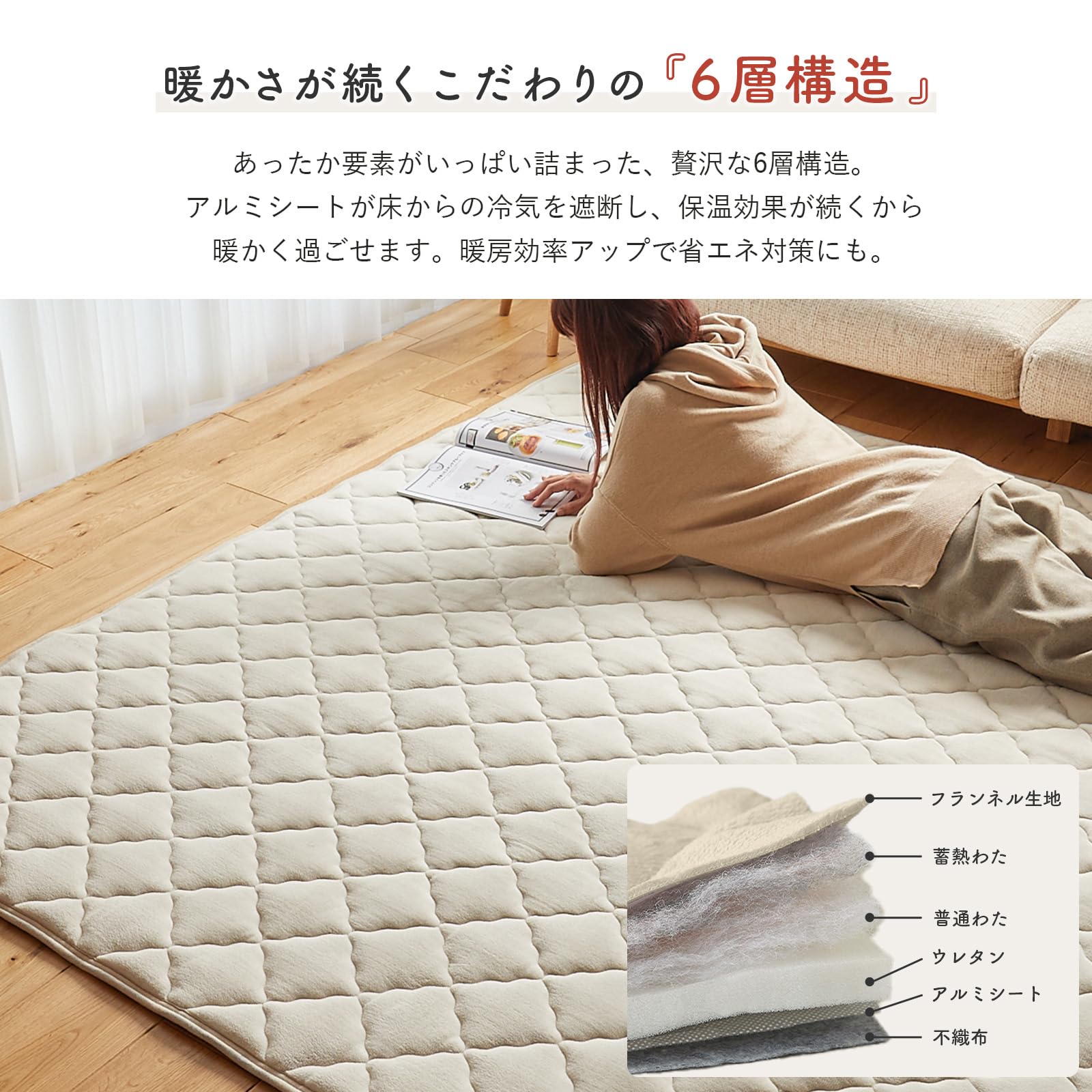 グラムスタイル 蓄熱ラグ 冬用 厚手 洗える 1.5畳 130x190cm あったか 6層構造 保温 防寒 床暖房対応 滑り止め付 低ホル ミルクベージュ [3]