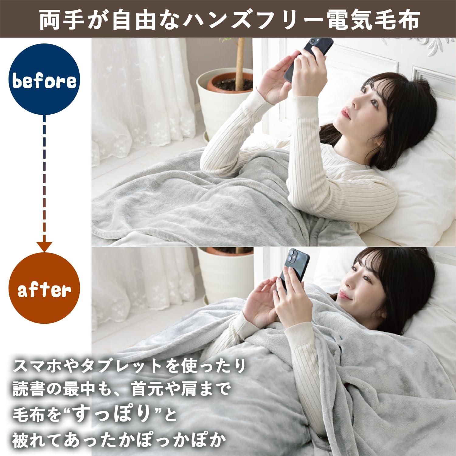 電気毛布 掛け × 洗える 「毛布に入ったまま両手が自由に使える」 ハンズフリー 省エネ ダニ対策機能 室温センサー 温度調節機能 YMK-S [3]
