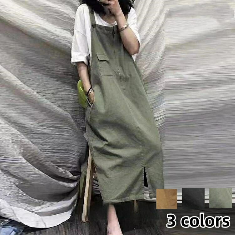 ワンピース サロペット デニムワンピ ジャンパースカート ミモレ丈 ポケット ファスナー