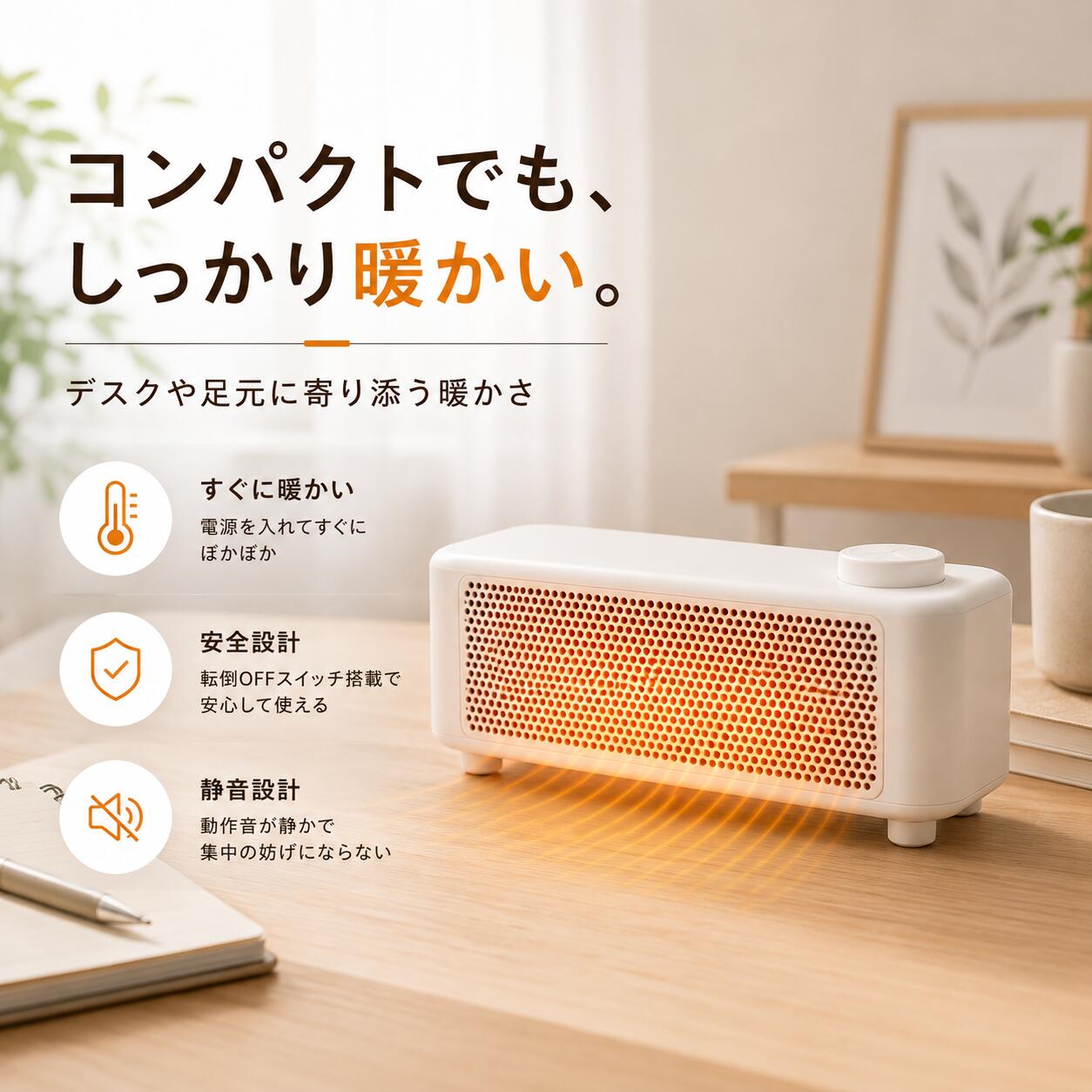 商品情報【商品仕様】商品名: 暖風機加熱方式: PTCセラミック発熱体定格電圧: 110V定格消費電力: 500W以下風量調節: 3段階送風方式: 空気循環タイマー: 2-8時間操作方式: ダイヤル / ボタン温度制御: 対応運転音: 36dB以下本体サイズ: 約300 x 82 x 88mm重量: 約0.76kg電源コード長: 約1.5m電源方式: AC電源【安全機能】過熱時自動電源オフ過負荷保護短絡保護温度制御チャイルドロックやけど防止グリル【おすすめの使用シーン】デスクまわり足元書斎寝室リビング在宅ワーク勉強時間セラミックヒーター 小型 PTCヒーター 足元ヒーター 卓上ヒーター 3段階風量 2-8時間タイマー 温度制御 過熱時自動オフ チャイルドロック 静音 コンパクト デスク 寝室 リビング オフィス 暖房器具 デスクまわりや足元の冷え対策に使いやすいコンパクト暖風機。PTCセラミックヒーター採用で、3段階風量、タイマー、スマート温度制御など毎日の使いやすさに配慮した機能を搭載。 【商品説明】毎日のデスクまわりに使いやすい コンパクトヒーターデスクまわりや足元など、冷えが気になる場所に使いやすいコンパクトヒーターです。シンプルなデザインでお部屋にもなじみやすく、在宅ワークや勉強、寝室など、毎日の寒さ対策におすすめです。【おすすめポイント】PTCセラミックヒーター採用PTCセラミック発熱体を採用。必要なときに使いやすく、心地よい温風を届けます。温度制御機能を搭載し、温度の上がりすぎにも配慮しています。3段階風量調節風量は3段階で切り替え可能です。使用する場所やお好みに合わせて調節できます。2-8時間タイマー2時間から8時間までタイマー設定が可能です。デスクワークや勉強中、就寝前など、使用時間に合わせて設定できます。静音設計運転音は36dB以下。仕事や勉強、読書など、静かに過ごしたい時間にも使いやすい仕様です。かんたん操作ダイヤルとボタンで操作でき、複雑な設定は必要ありません。毎日手軽に使いやすいシンプル設計です。空気循環送風空気を循環させながら温風を送る設計。デスクまわりや足元など、身近な場所の寒さ対策におすすめです。安全性に配慮過熱時自動電源オフ、過負荷保護、短絡保護、温度制御、チャイルドロック、やけど防止グリルなど、安全面にも配慮した設計です。コンパクトサイズ本体サイズは約300 x 82 x 88mm。デスクや棚の上にも置きやすく、省スペースで使用できます。 5