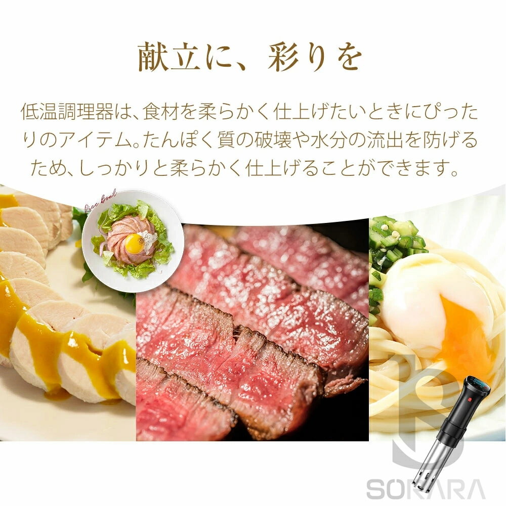 【楽天スーパーSALE 半額！】低温調理器 防水 低温調理 防水仕様 ハイパワー スロークッカー コンテナ スリム低温調理器具 家庭用 日本向けに設計 低温調理機 スリム低温調理器 真空調理器 IPX7防水 タッチパネル クリップ式 タイマー 温度設定 キッチン家電 安心保証PSE