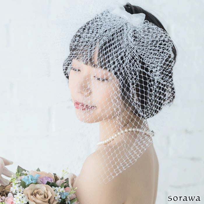 【 メール便 可 】 オーガンジーリボン 付き バードケージベール ホワイト 白 日本製 sb002w ヘッドドレス ヘアクリップ ヘアアクセサリー ウェディングベール カバー チュール ベリーショートベール ブライダル ウェディング 結婚式 披露宴 顔を覆う ベール その1
