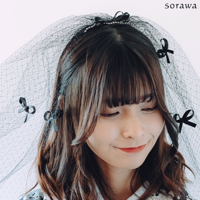 【 送料無料 】〈 260b ブラックリボン 〉[ 75cm ] リボンベール コーム付き ブラック 黒 日本製 ヴェール 結婚式 披露宴 ミドルベール ミディアム ブライダルフォト 撮影 上質 ゴスロリ ロリータ コスプレ ウェディングベール ブラックベール