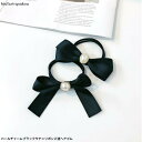パールチャームブラックサテンリボン2連ヘアゴム 可愛い 大人っぽい レディース ヘアアクセサリー かわいい おしゃれ プレゼント 30代 40代 50代 上品...