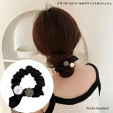 ミラーボールとパールのブラックリボンシュシュ 大人 かわいい ヘアアレンジ プレゼント まとめ髪 結婚式 入学 卒業 スタイリッシュ レディース プチプラ ポイ...