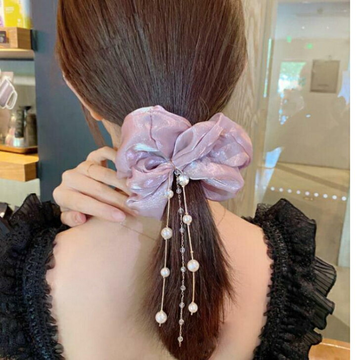 ビーズチェーンつやつや柔らかシフォンシュシュ　送料無料　シュシュ ヘアゴム ヘ...