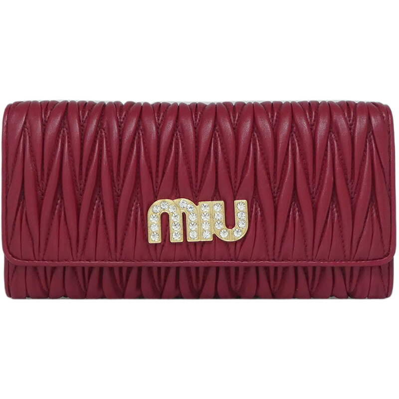 【訳アリ アウトレット】ミュウミュウ マテラッセ クリスタル 二つ折 長財布 MIU MIU 5MH109 2BSQ F0041 MATELASSE MIU CRYSTAL RUBINO ルビーレッド シープレザー レディース miumiu