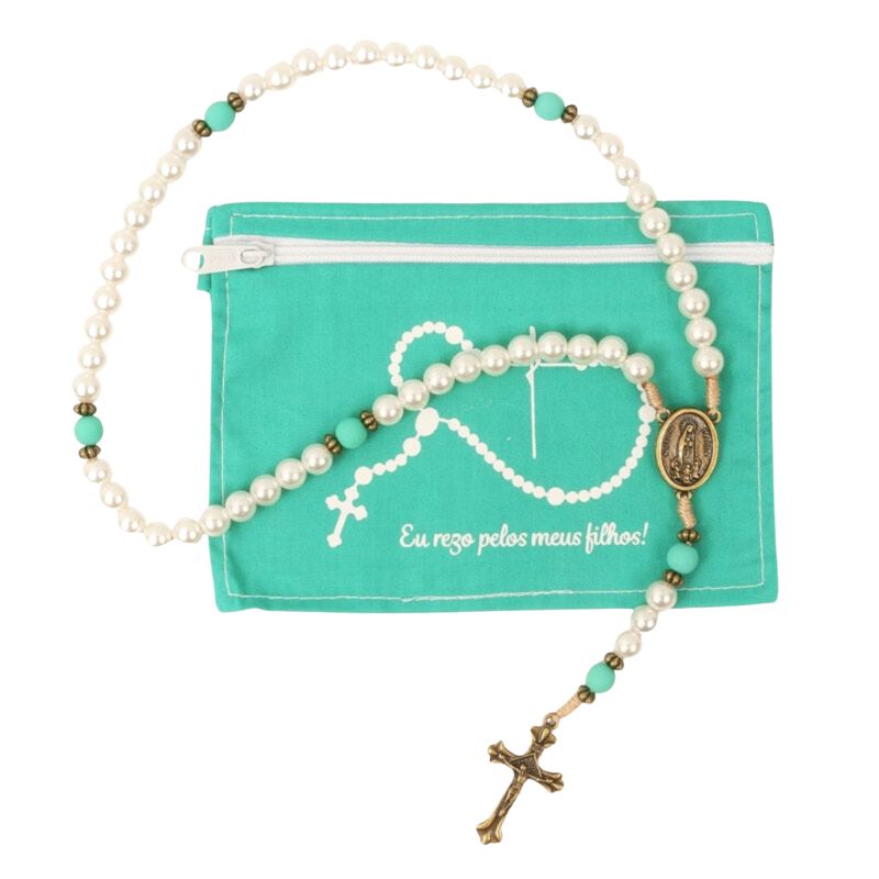 専用ケース付きパールビーズロザリオ ターコイズブルー