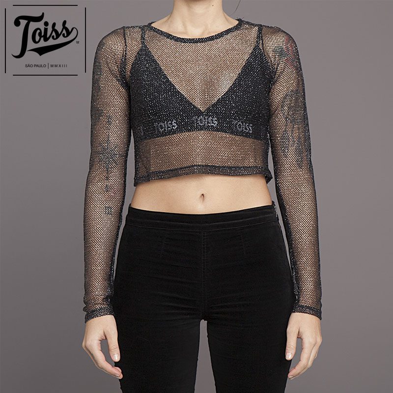 【TOISSレディース】トイス ラメ入り長袖メッシュトップス