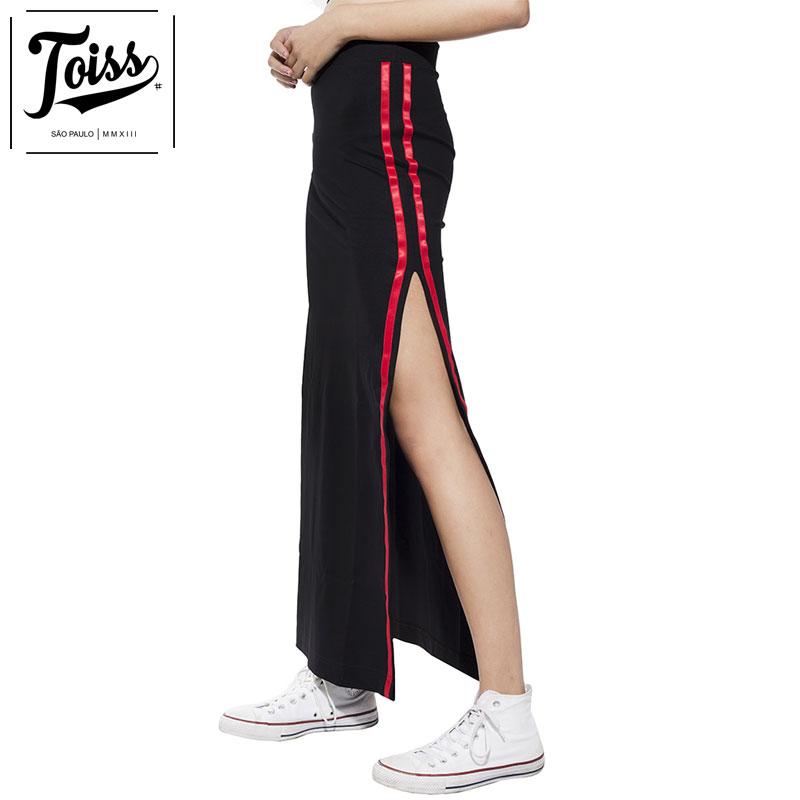 【TOISSレディース】redライン スリットロングスカート ブラック