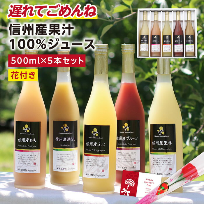 楽天山下屋荘介遅れてごめんね 母の日 信州産 果汁100％ ジュース 5本ギフト 花セット あす楽 長野産 【送料無料】 | りんごジュース りんご プルーン もも 桃 洋なし 王林 ストレートジュースを含む 内祝 ギフト プレゼント お祝い 出産内祝い 出産祝い ジュースセット ジュースギフト