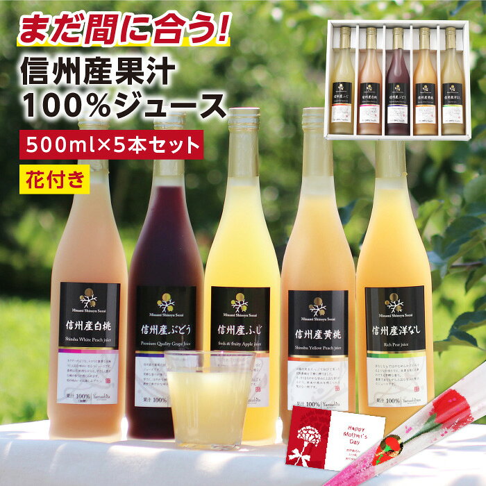 母の日 信州産 果汁100％ ジュース 5本 花セット ギフト プレゼント 国産原料のみ 長野産 送料無料 最強翌日配送 | りんごジュース りんご もも 白桃 黄桃 洋なし ぶどう ストレートジュースを含む 内祝 お祝い お礼 出産内祝い 出産祝い 詰め合わせ ジュースギフト 2026（楽天・山下屋荘介）
