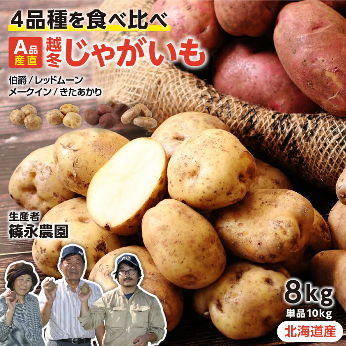 【送料無料】北海道産 越冬じゃがいも A品 4種の食べ比べセット 8kg / 単品（ きたあかり メークイン 伯爵 レッドムーン ）10kg M～Lサイズ 低温貯蔵した自慢のじゃがいも 中標津町 産地直送 篠永農園 -S01T | 野菜ギフト 野菜 ジャガイモ じゃが芋 農家指定 おいしい 甘い