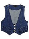 Allegra K デニムジャンベストノースリーブ ボタンアップ ジャケット クロップ スクープネック レディース ダークブルー M