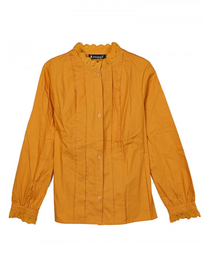 Allegra K オフィスシャツ 長袖 モックネックレースボタン アップ フリル エレガント レディース ジンジャーイエロー XS