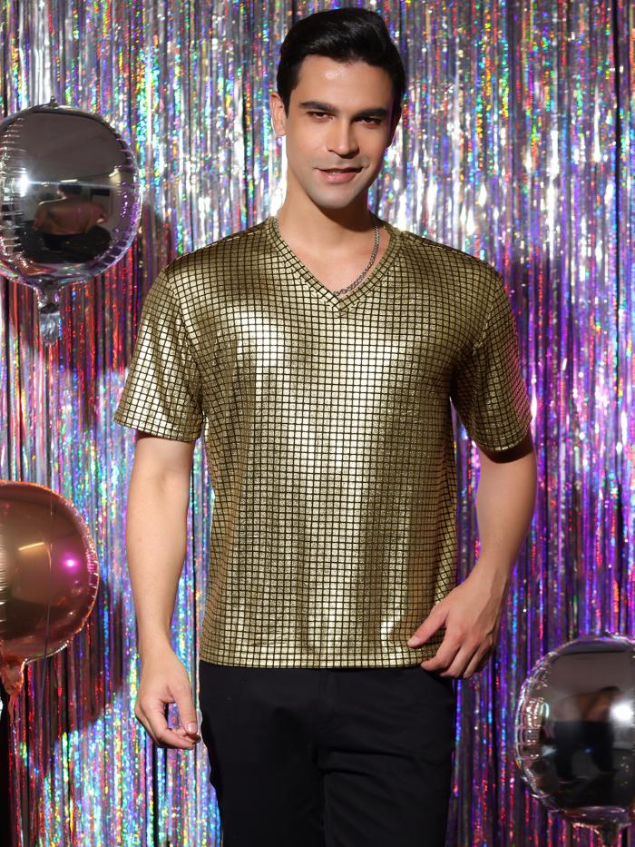 Lars Amadeus Tシャツ Vネック 半袖 スリムフィット パーティー ディスコ クラブ メタリックシャイニーナイト メンズ ゴールデンチェック柄 XL