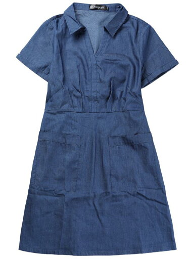 Allegra K シャツワンピース ドレス ターンダウンカラー シャンブレー ソリッド Aライン ポケット付 レディース ブルー S Allegra K シャツワンピース ドレス ターンダウンカラー シャンブレー ソリッド Aライン ポケット付 レディース ブルー S