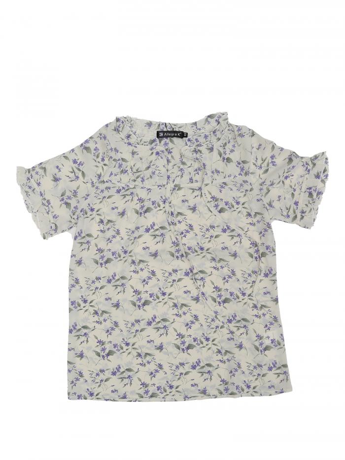 Allegra K 花柄 ボウタイブラウス トップス フリル 結びリボン 半袖 レディース ベージュ M