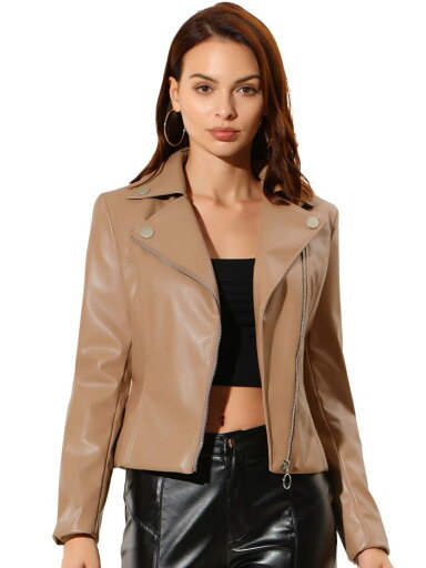 Allegra K PU ジャケット ジッパー フロント 長袖 ラペルカラー レディース カーキ M Allegra K PU ジャケット ジッパー フロント 長袖 ラペルカラー レディース カーキ M