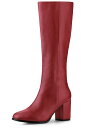 Allegra K ニーハイブーツ ロングブーツ ブロックヒール ラウンドトゥ ジッパー レディース レッド 23.5 cm