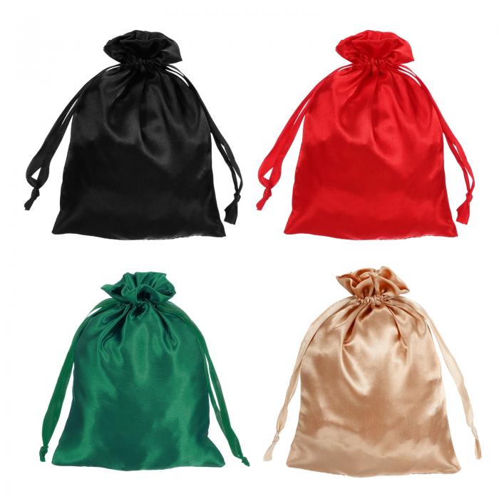 引き紐付きサテンバッグ、6x8インチのウェディングファボーバッグミニギフトパッケージングバッグ、誕生日、クリスマス、宝石パーティー用（黒/レッド/ライトピンク/緑、4個入り）